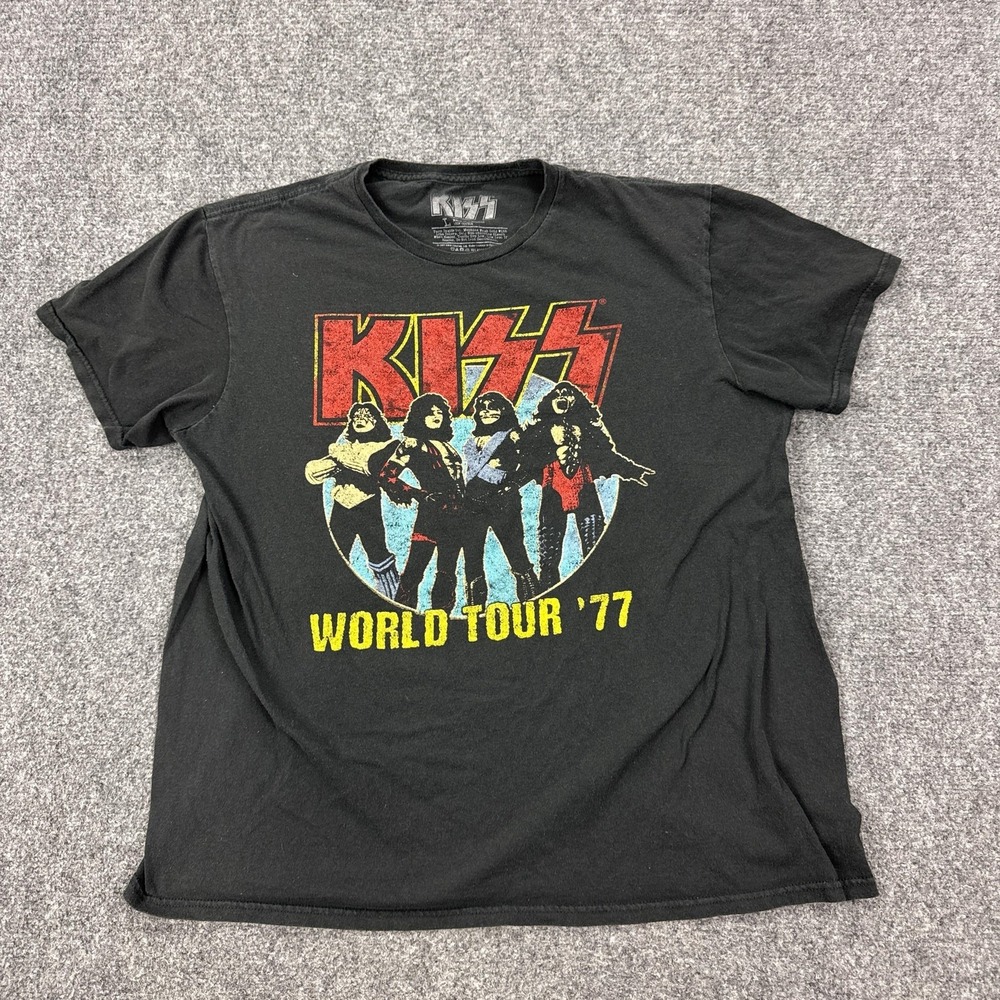 KISS Shirt Mens Large Black World Tour '77 Graphic Tee Tagless Rock Band Music